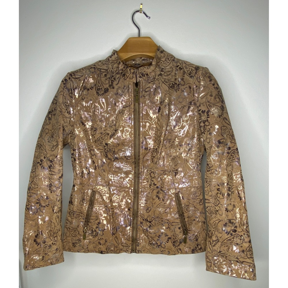 Pamela‎ McCoy Womens Paisley Metallic Print Moto Jacket Size M brown with bronze
